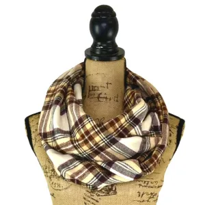 Cream, Dark Brown, Rust and Pale Yellow Plaid Flannel Infinity or Blanket Scarf