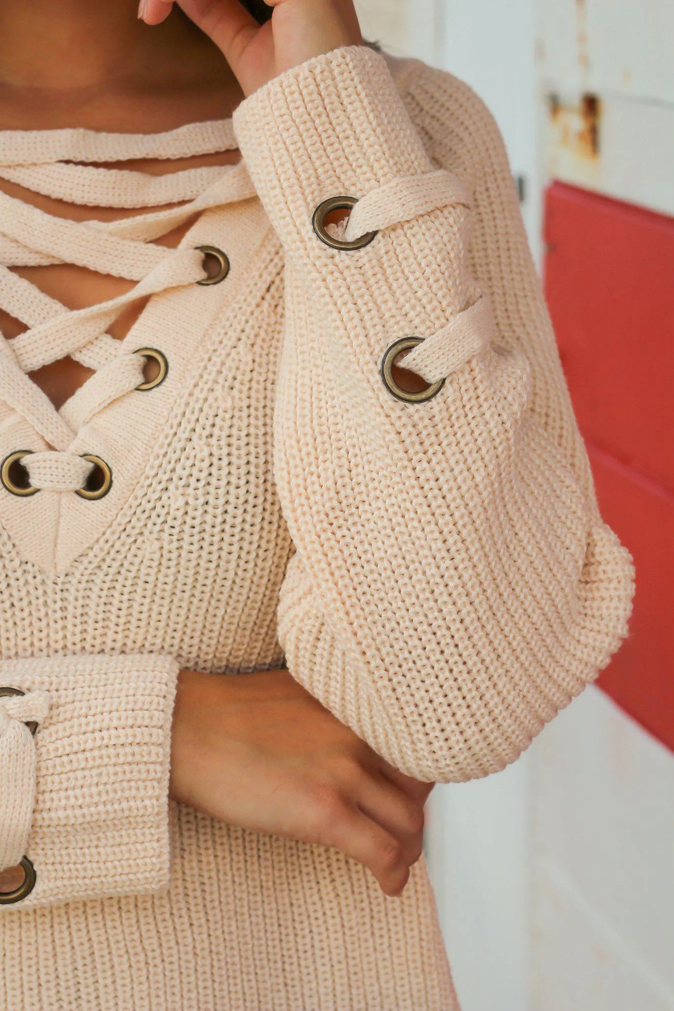 Cream Knit Lace Up Sweater