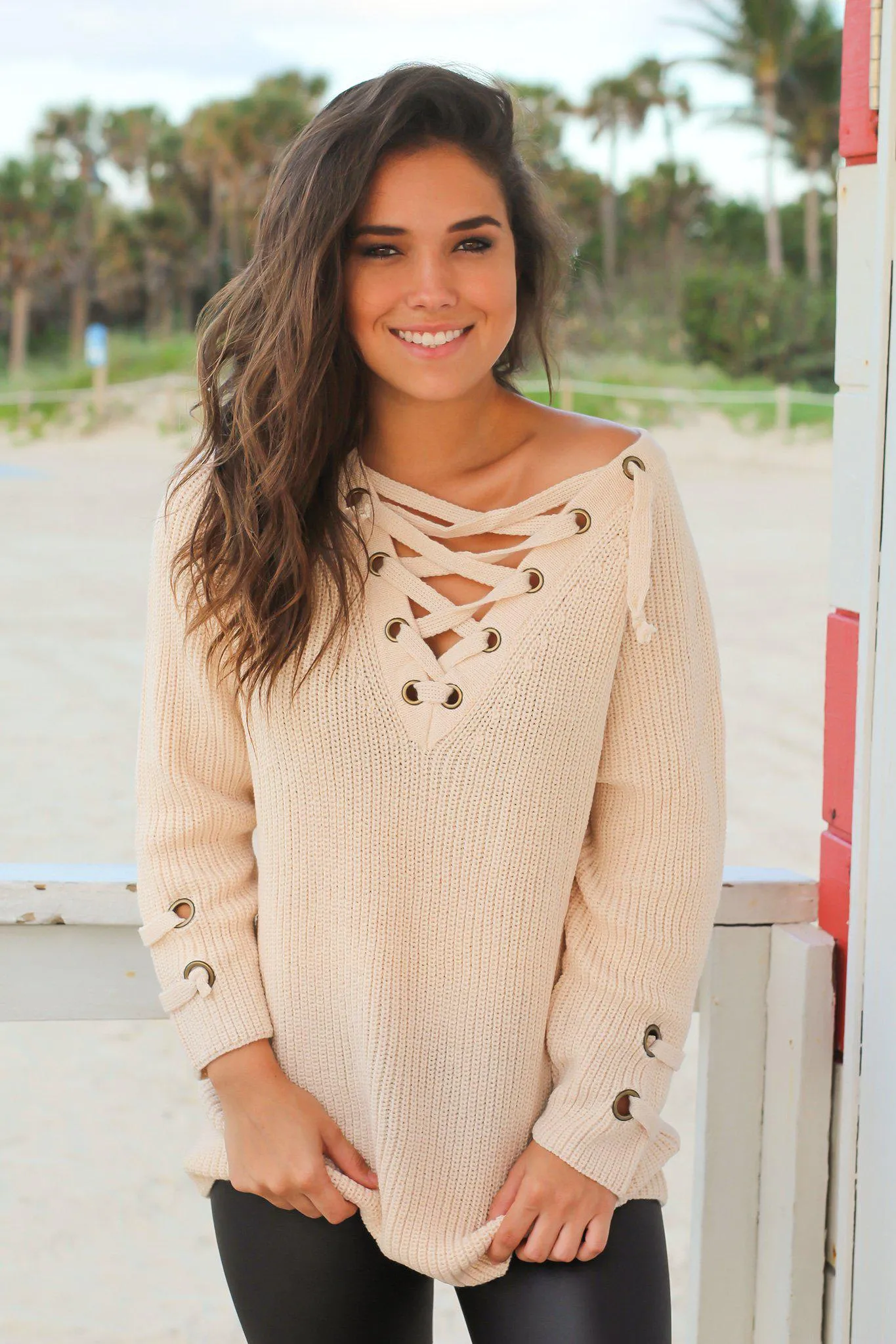 Cream Knit Lace Up Sweater