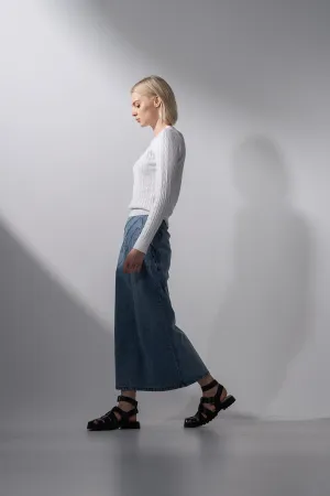 Curve Seam Denim Skirt-Blue Wash
