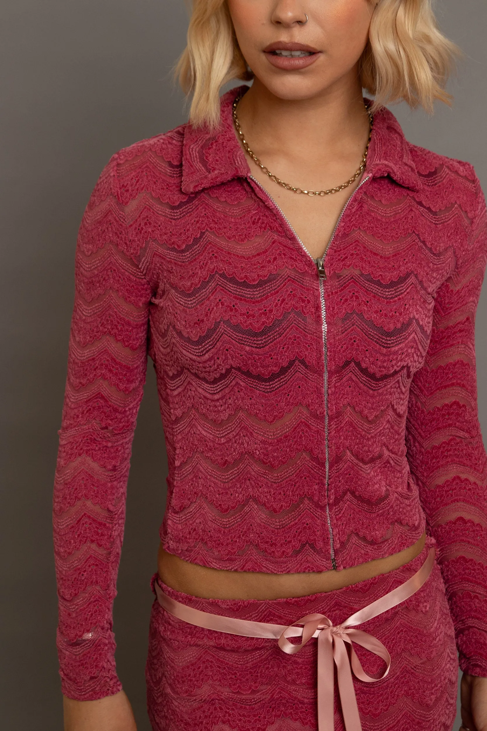 Daisy Street - Red Textured Lace Zip Top