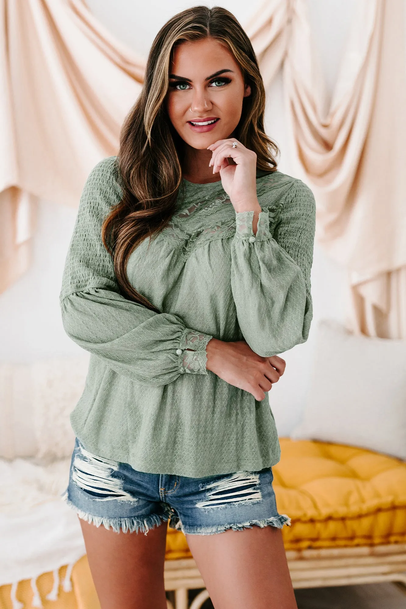Dare To Desire Long Sleeve Textured Knit Lace Paneled Top (Sage)