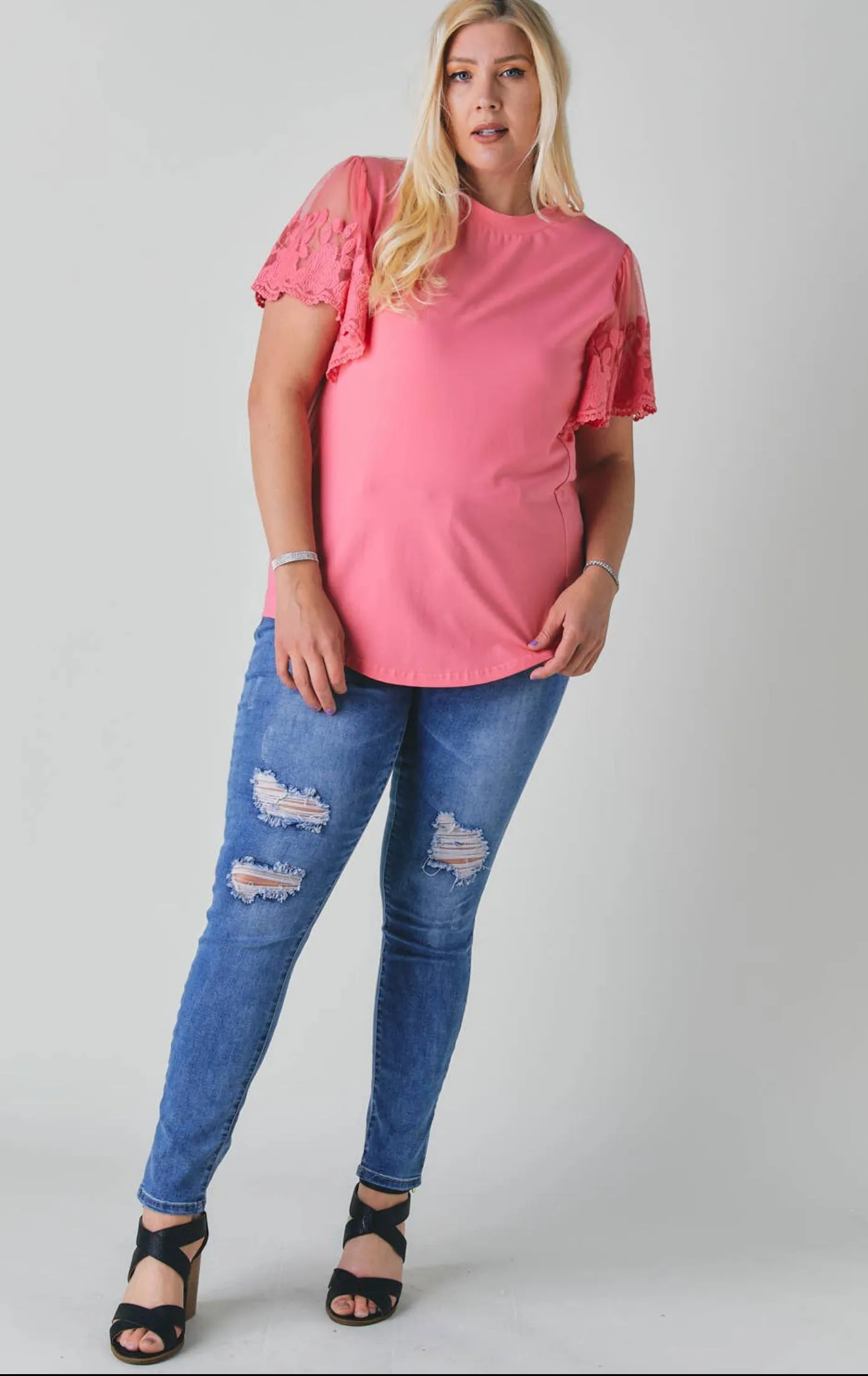 Davi & Dani Sorbet Knit Top with Lace Sleeves
