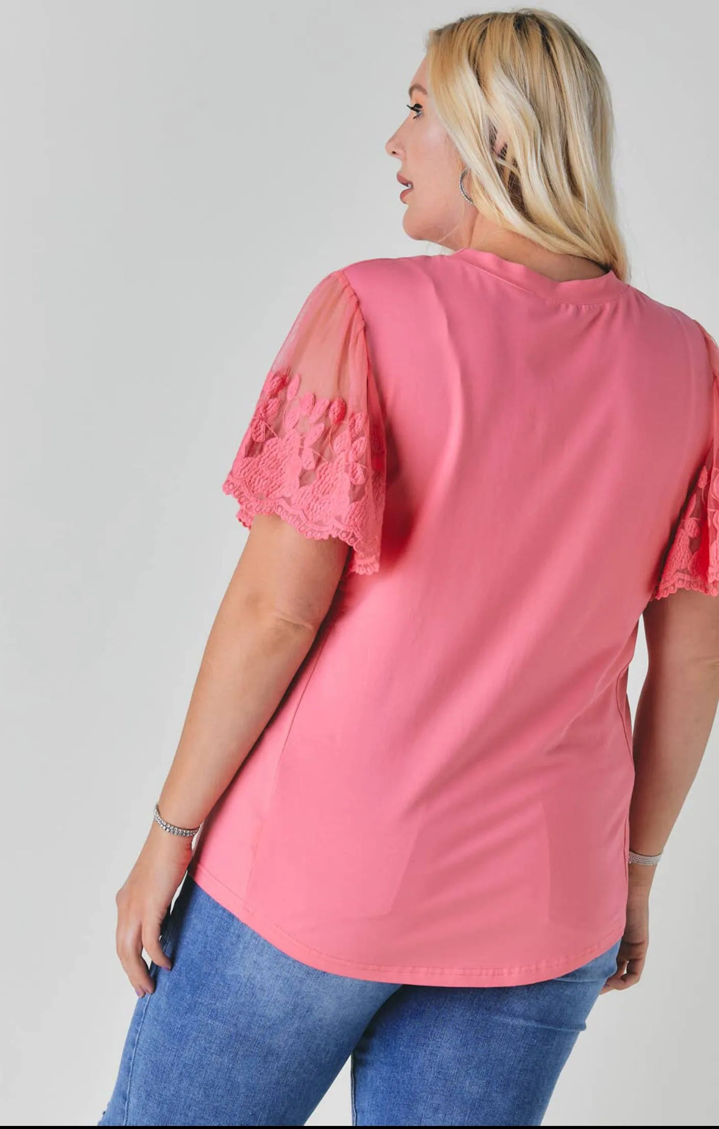 Davi & Dani Sorbet Knit Top with Lace Sleeves
