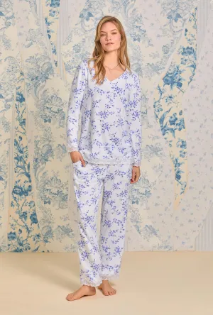 Delicate Blue Floral Cozy Sweater Knit Classic Pajama Set