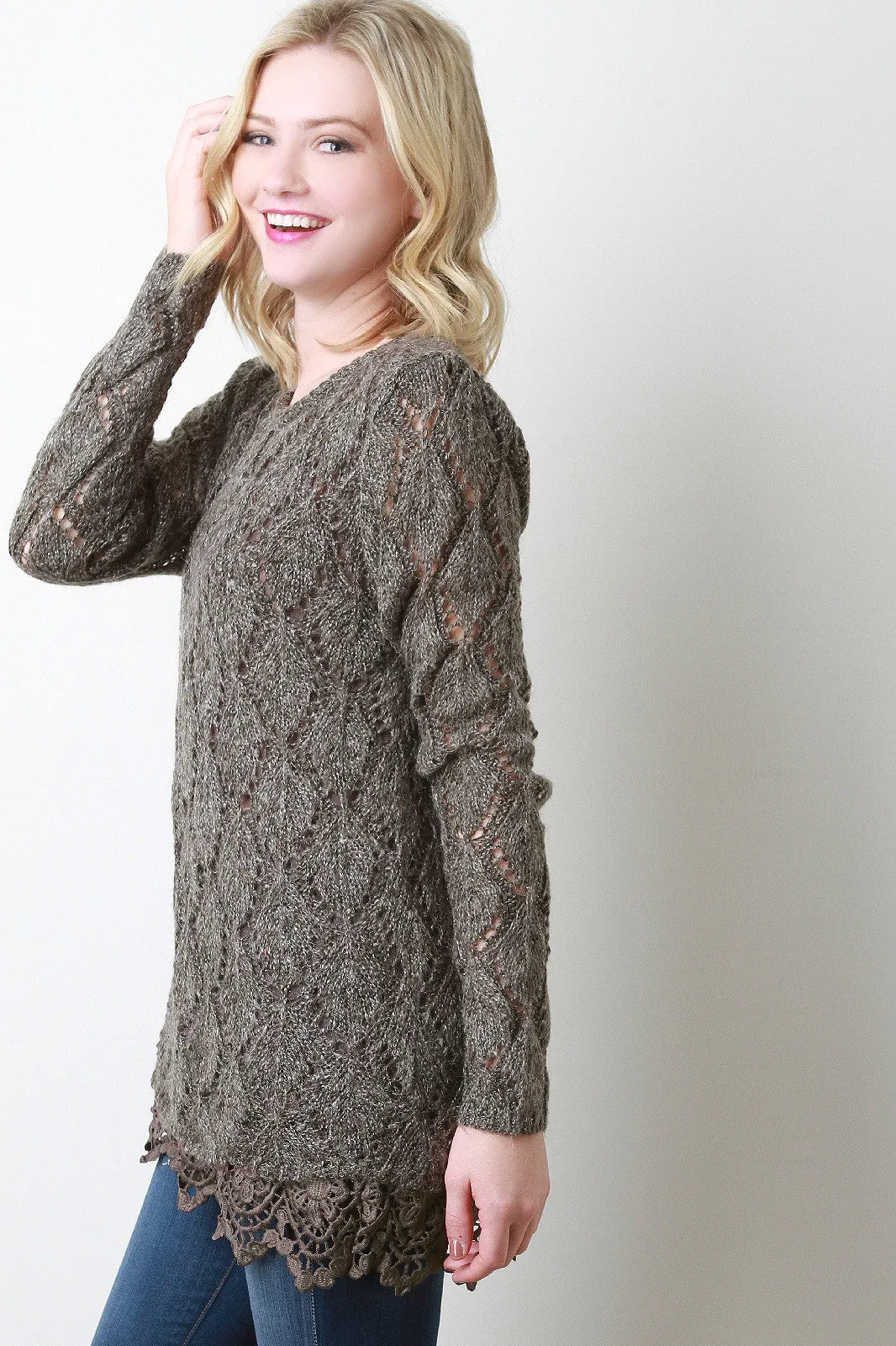 Diamond Knit Lace Trim Sweater