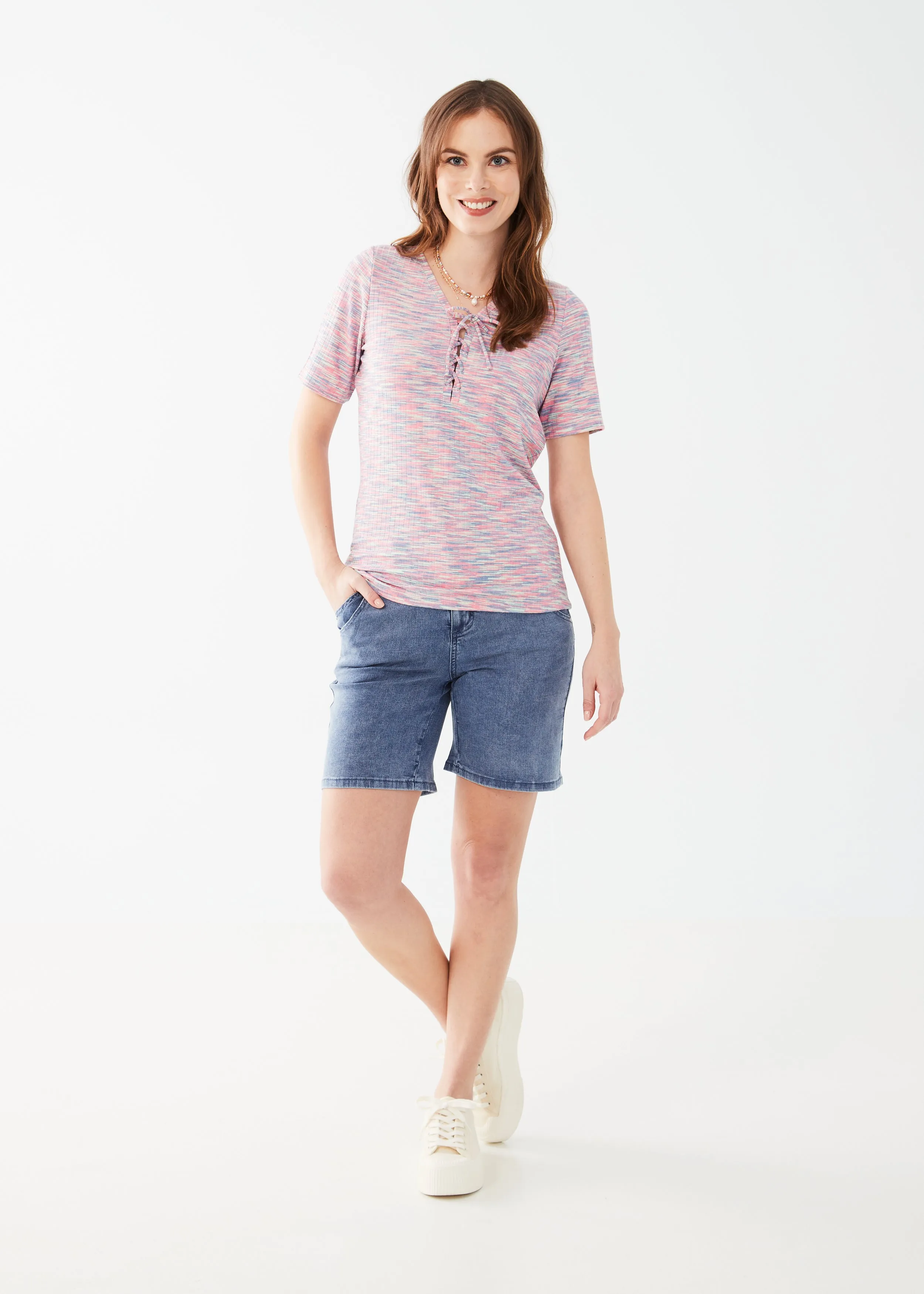 Elbow-Sleeve Lace-Up Knit Top