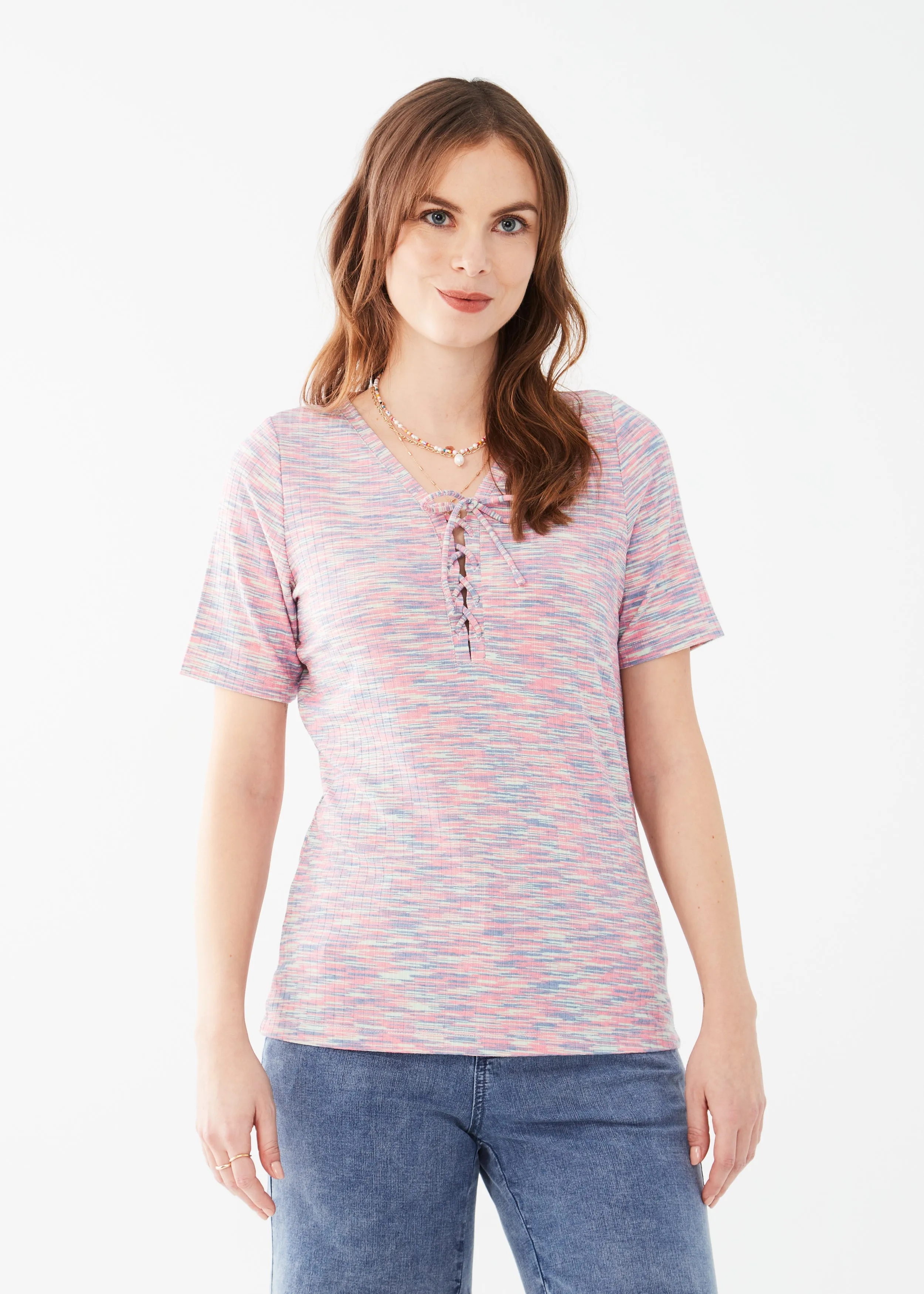 Elbow-Sleeve Lace-Up Knit Top