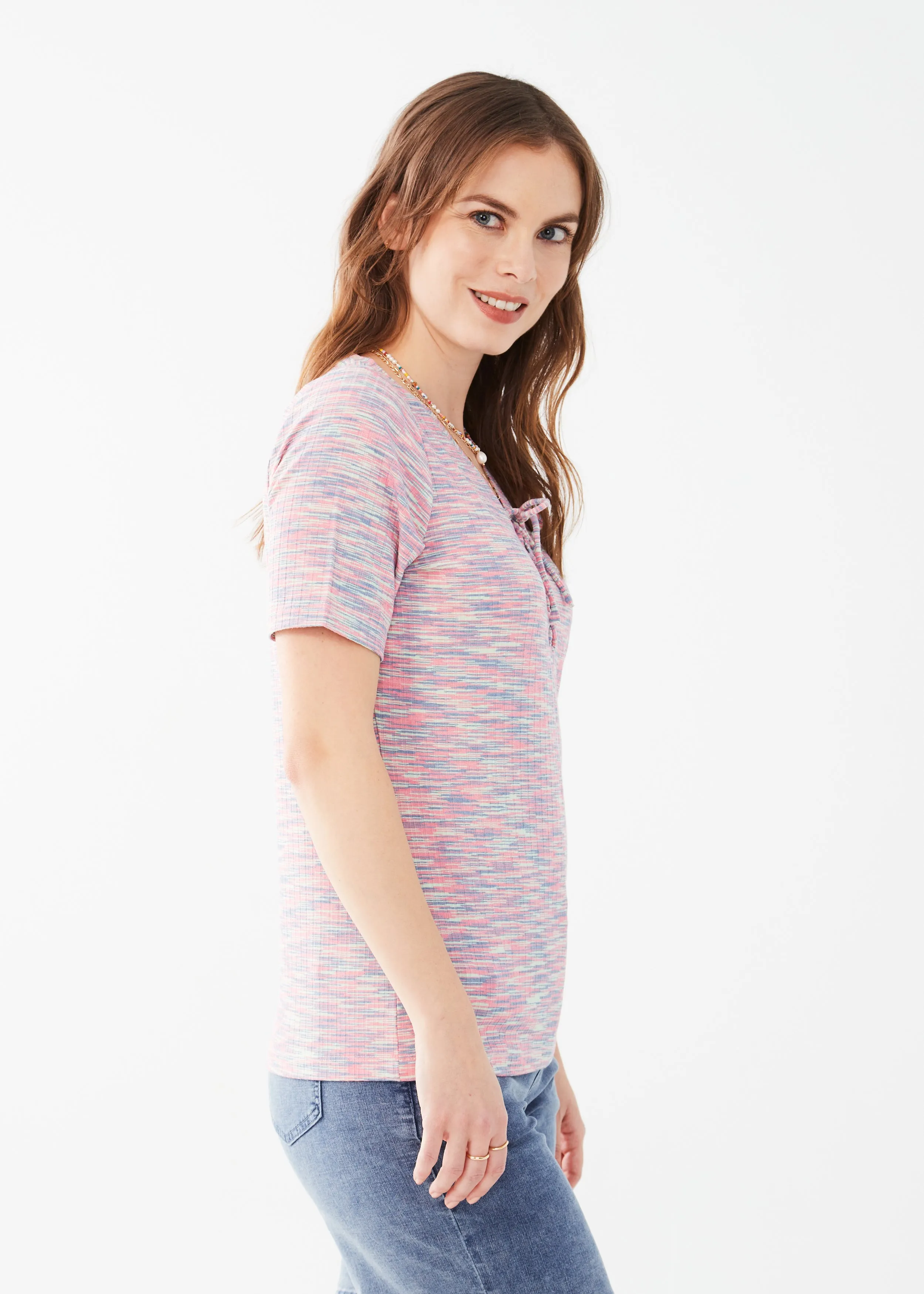 Elbow-Sleeve Lace-Up Knit Top