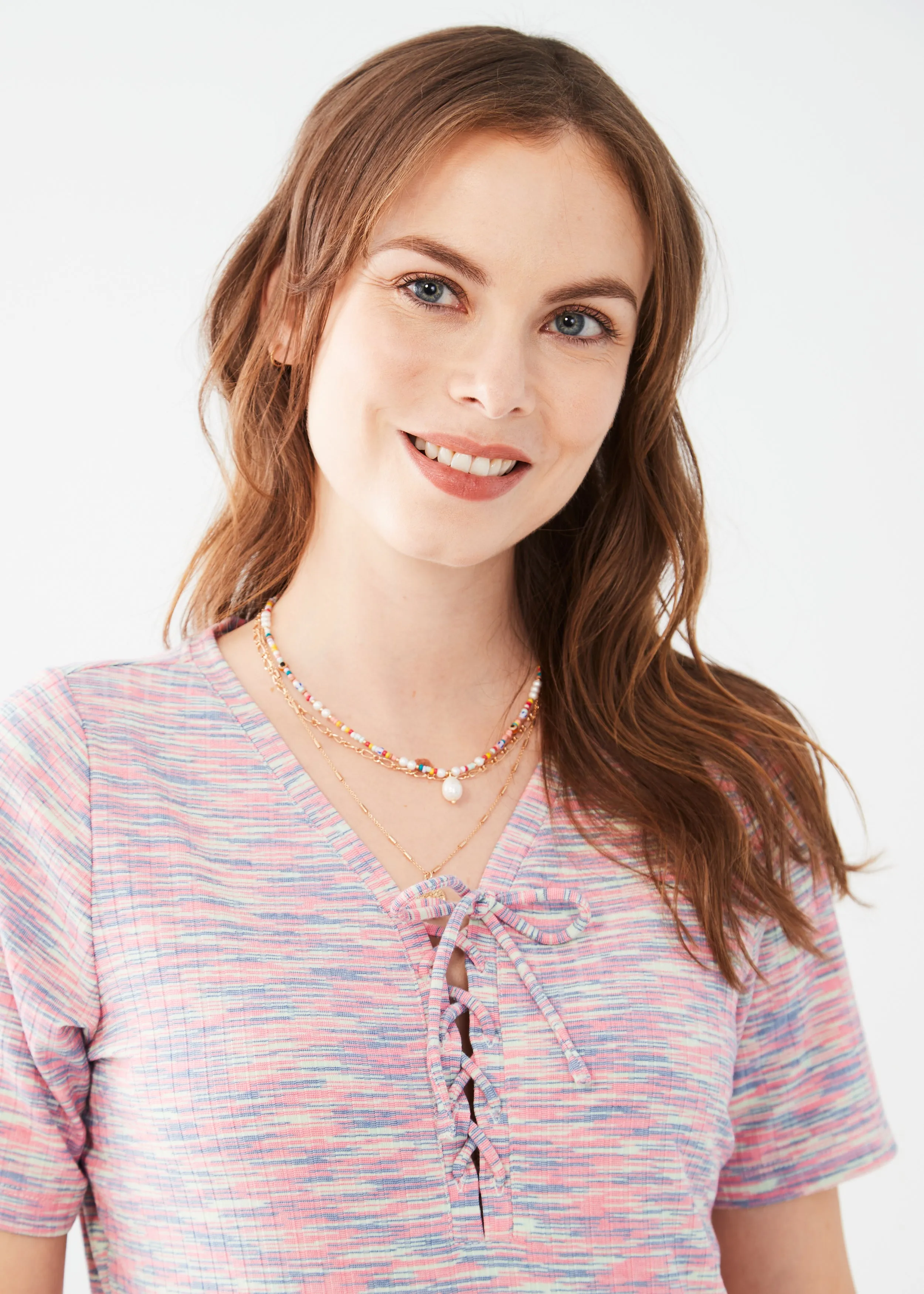 Elbow-Sleeve Lace-Up Knit Top