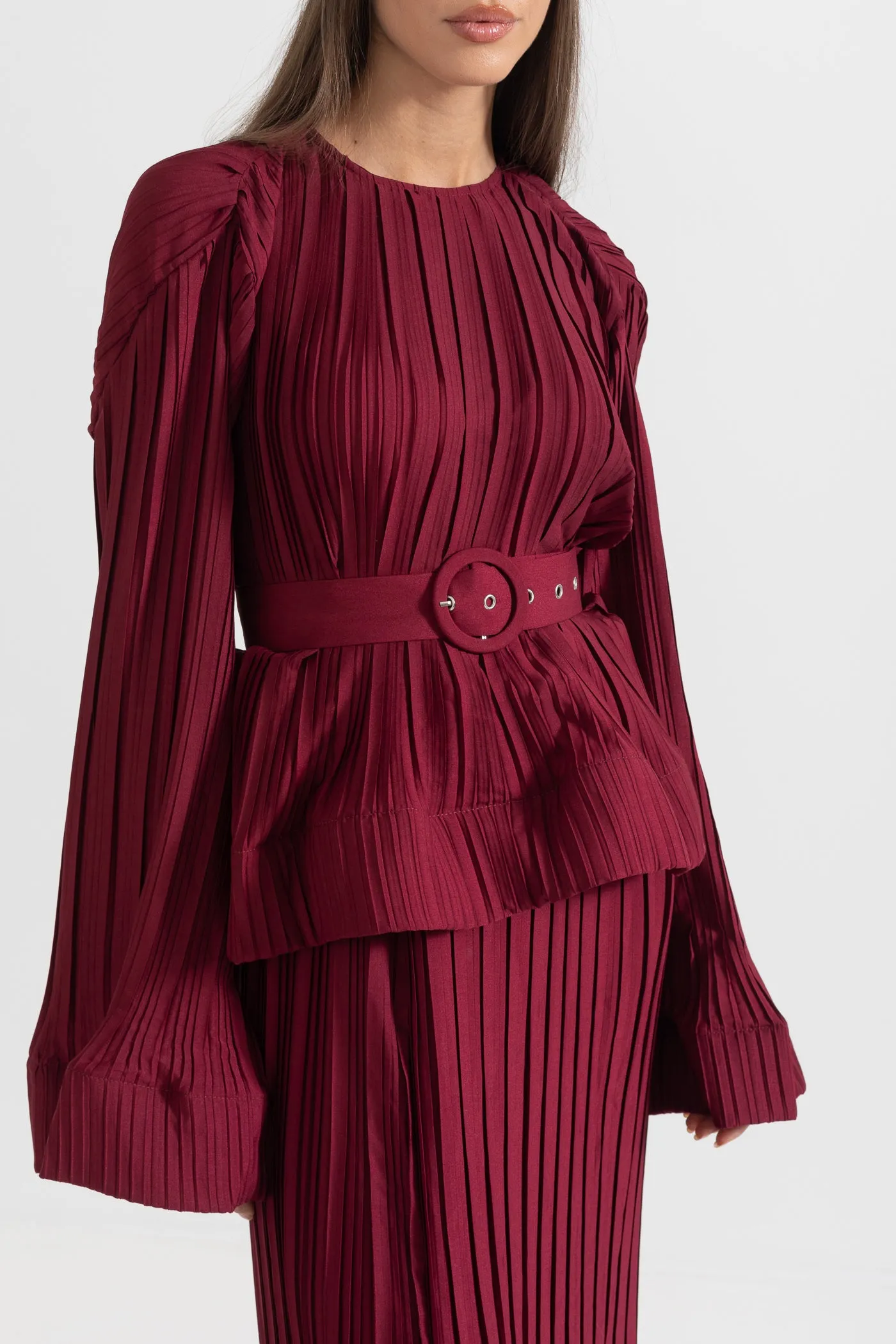 Elegant Ensemble With Pleated Top And Maxi Skirt - Burgundy