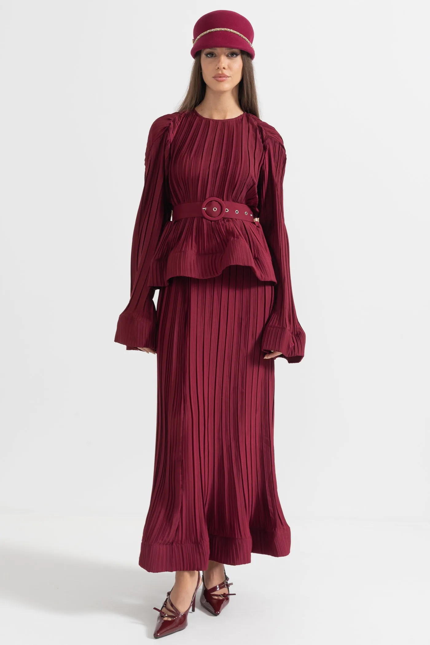 Elegant Ensemble With Pleated Top And Maxi Skirt - Burgundy