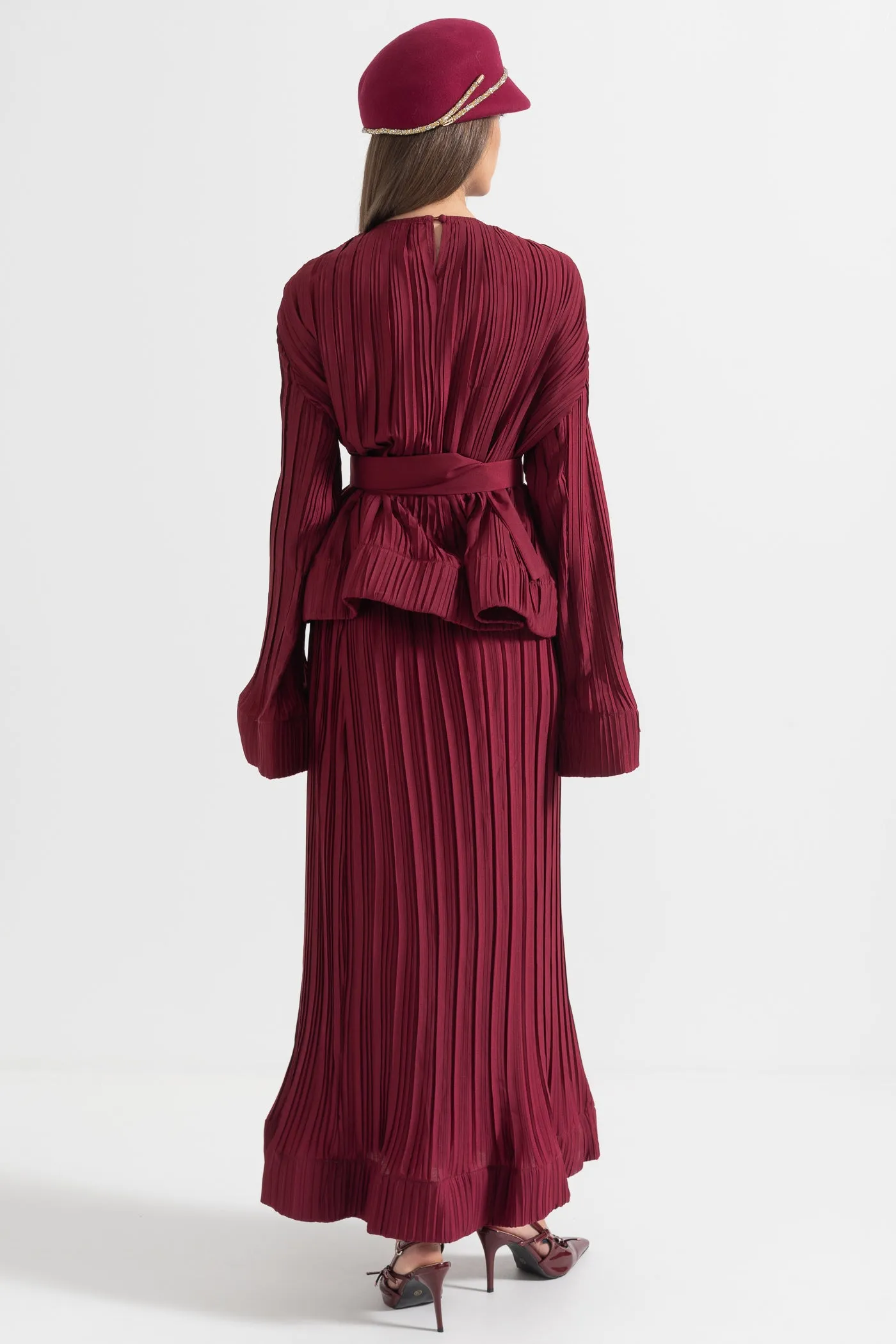 Elegant Ensemble With Pleated Top And Maxi Skirt - Burgundy