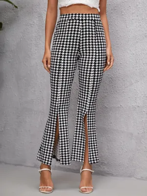 Elegant Houndstooth Split High Waist Long Women Pants