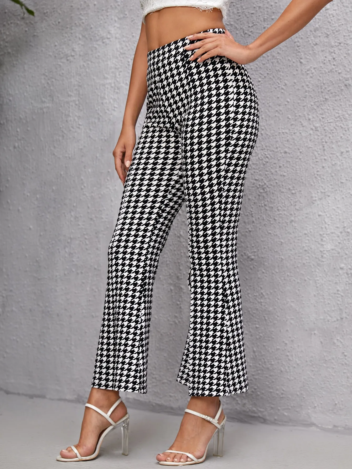 Elegant Houndstooth Split High Waist Long Women Pants