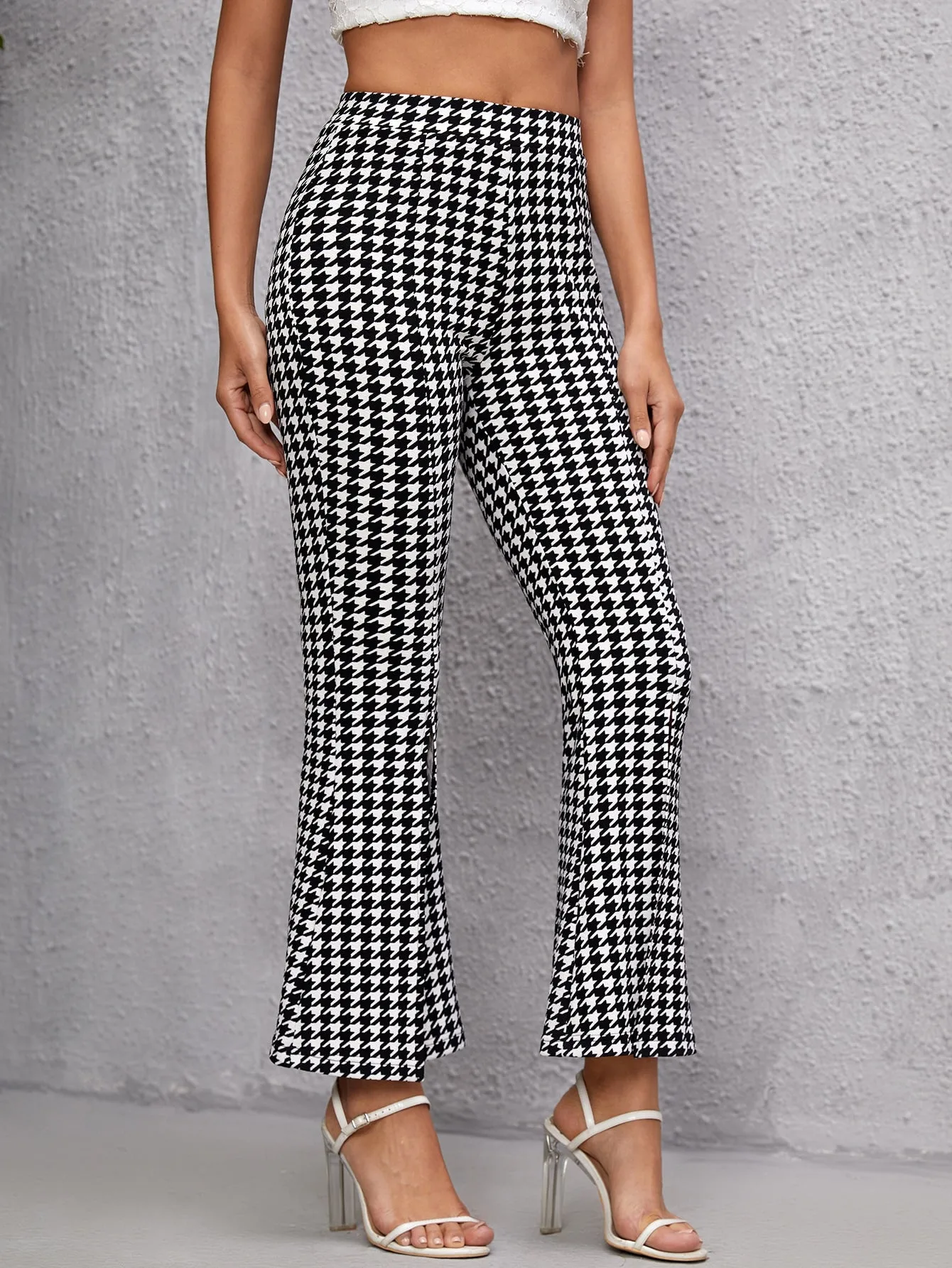 Elegant Houndstooth Split High Waist Long Women Pants