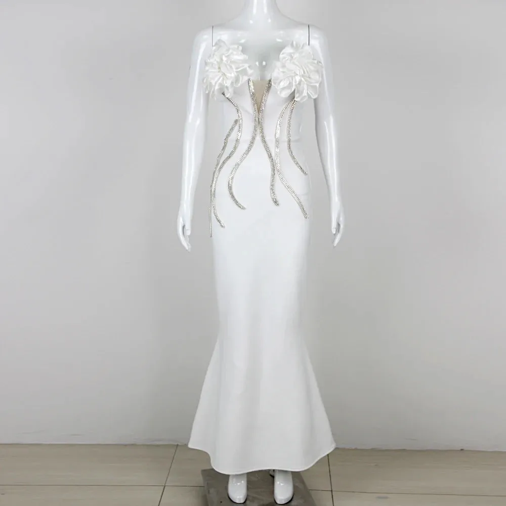 Elegant Off-Shoulder Floral Chain Bodycon Long Dress