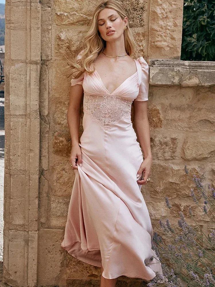 Elegant Pink Maxi V Neck Lace Dress for Autumn Formal Occasion