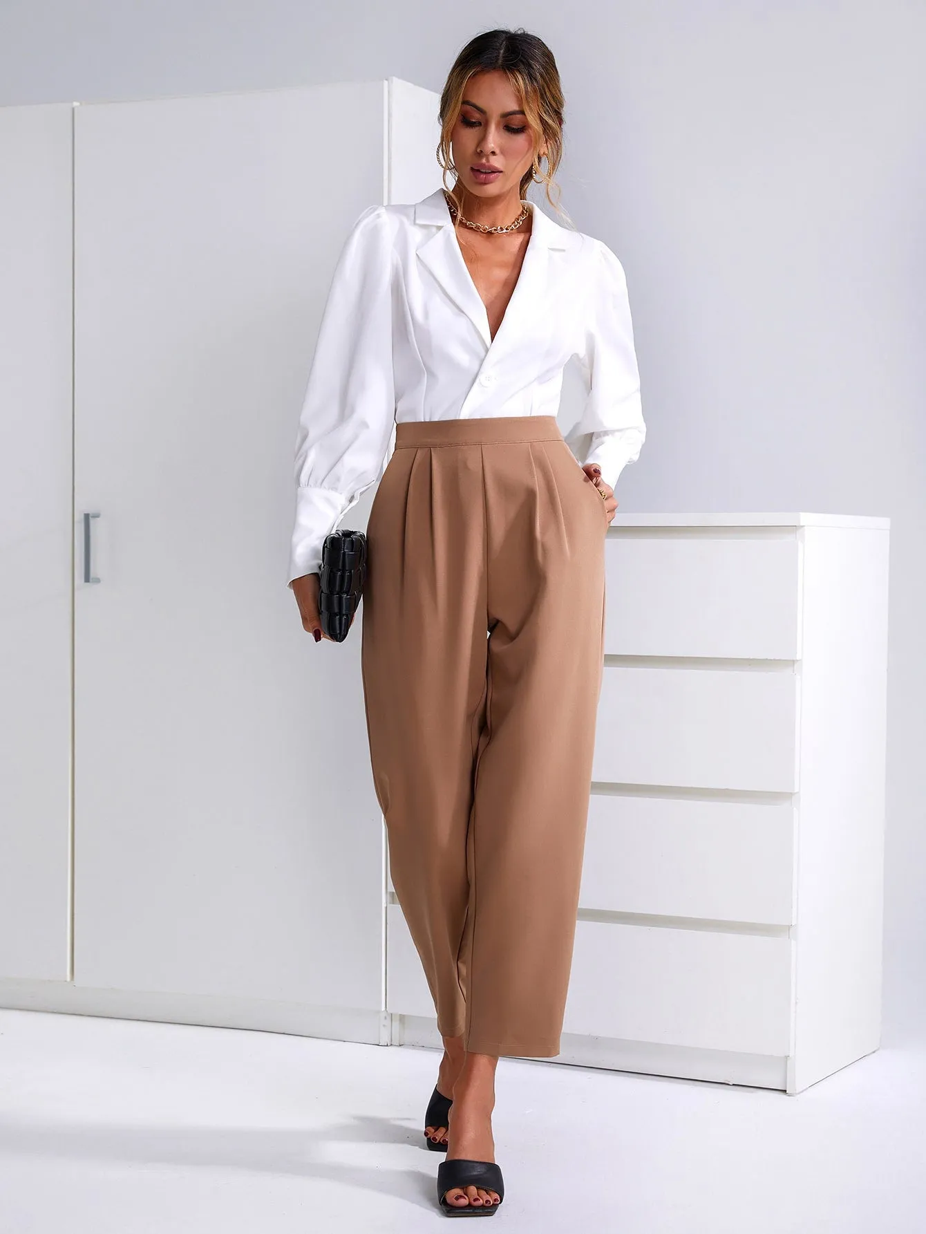 Elegant Plain Plicated High Waist Cropped Women Pants