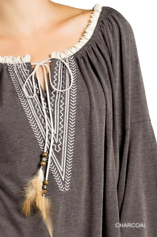 Embroidered Bell Sleeve Knit Top, Charcoal
