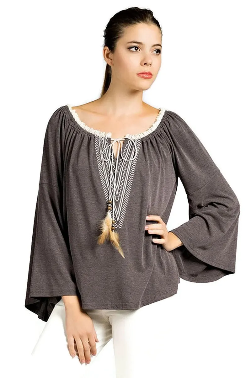 Embroidered Bell Sleeve Knit Top, Charcoal
