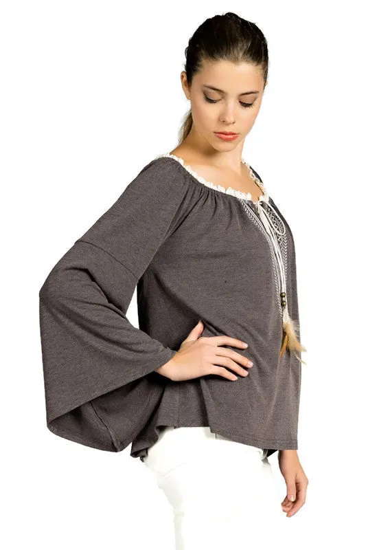 Embroidered Bell Sleeve Knit Top, Charcoal