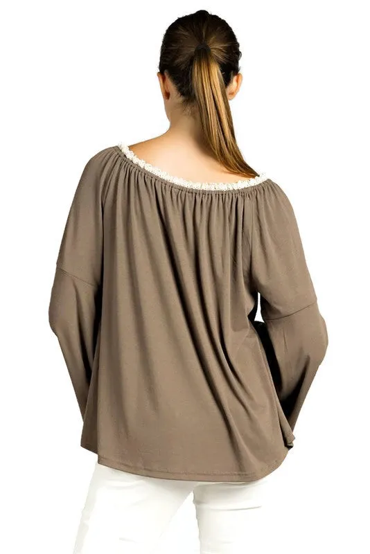 Embroidered Bell Sleeve Knit Top, Mocha
