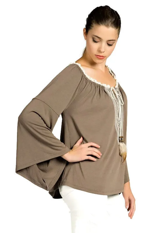 Embroidered Bell Sleeve Knit Top, Mocha