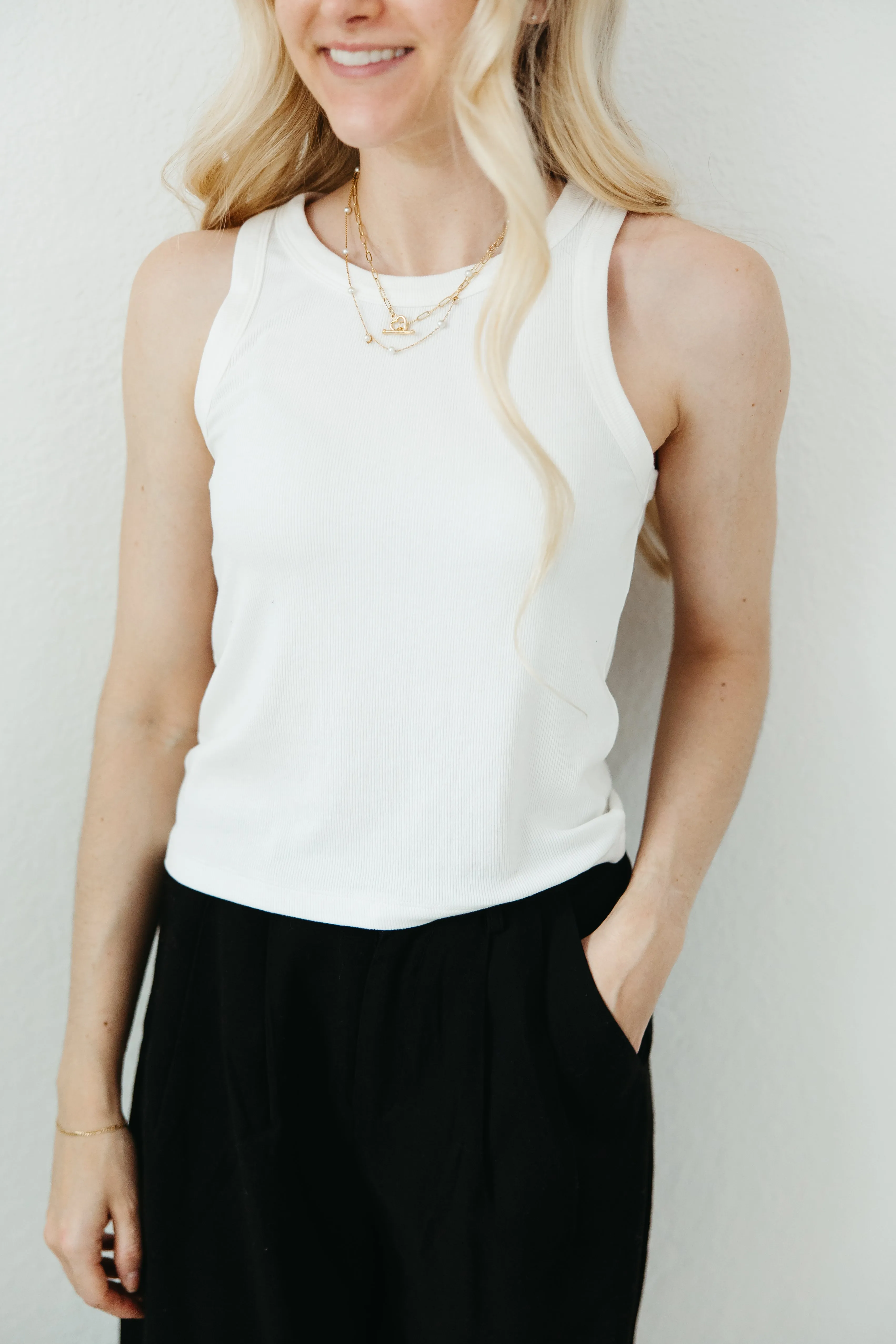 Everly Long Ribbed Knit Tank Top in White