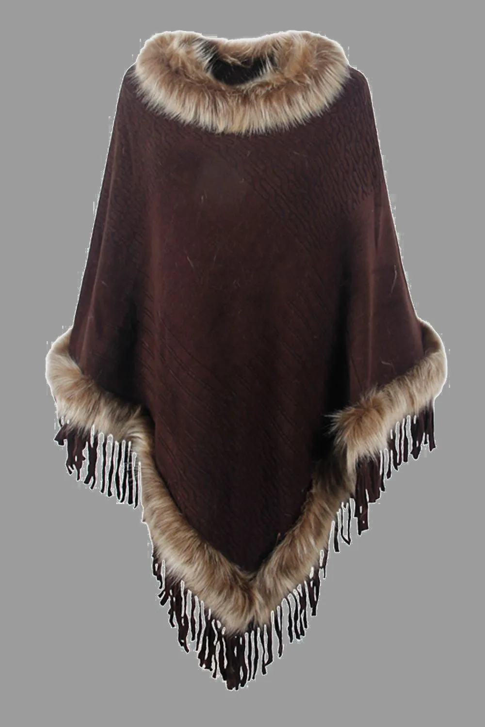 Faux Fur Retro Fringe Hem Textured Knit Pullover Poncho