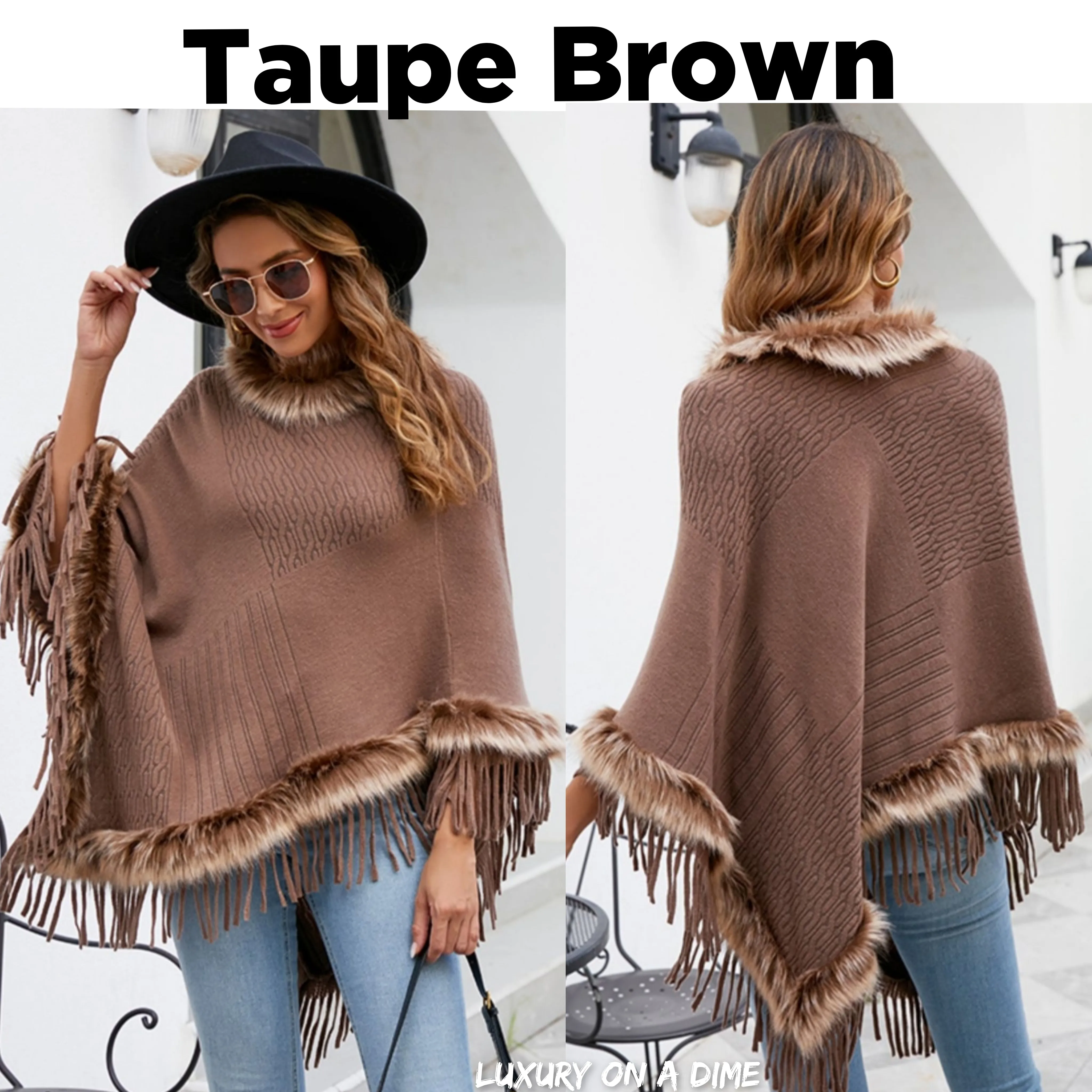 Faux Fur Retro Fringe Hem Textured Knit Pullover Poncho