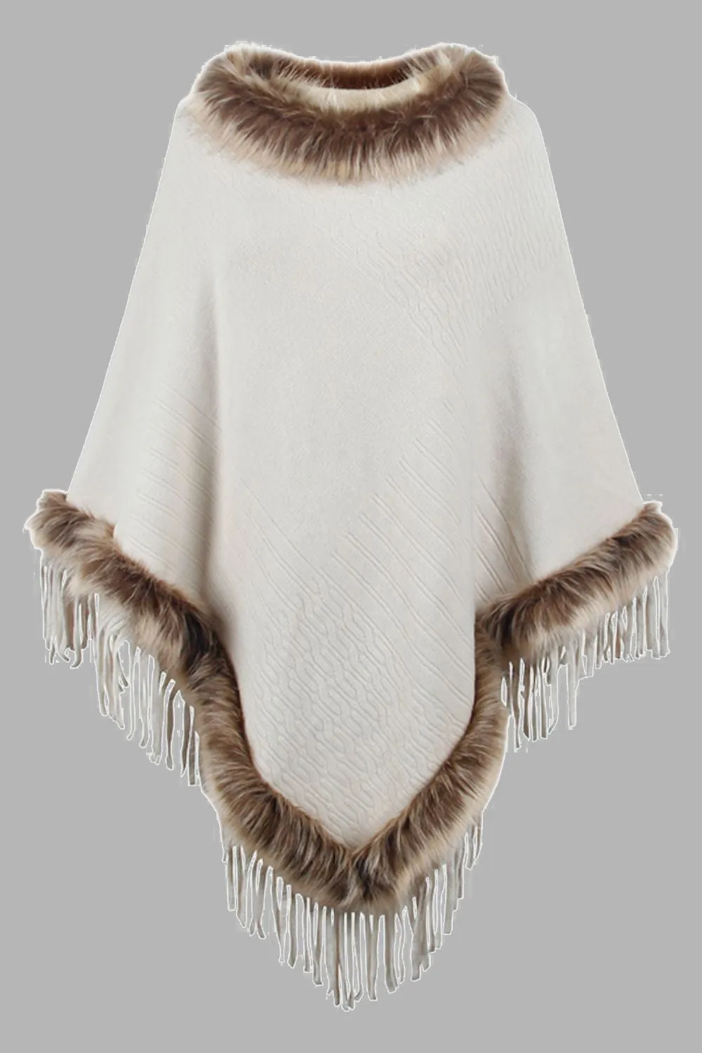 Faux Fur Retro Fringe Hem Textured Knit Pullover Poncho
