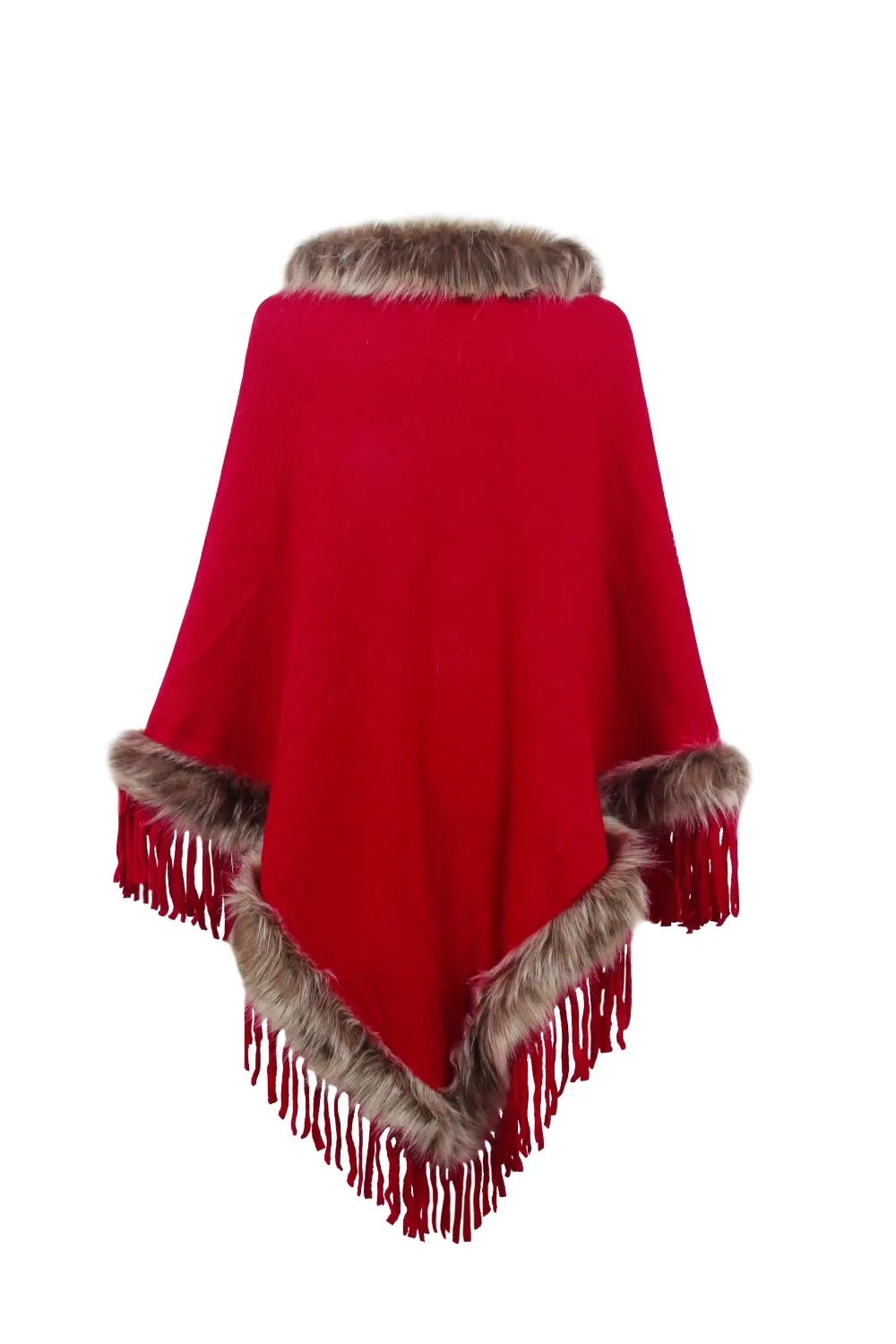 Faux Fur Retro Fringe Hem Textured Knit Pullover Poncho
