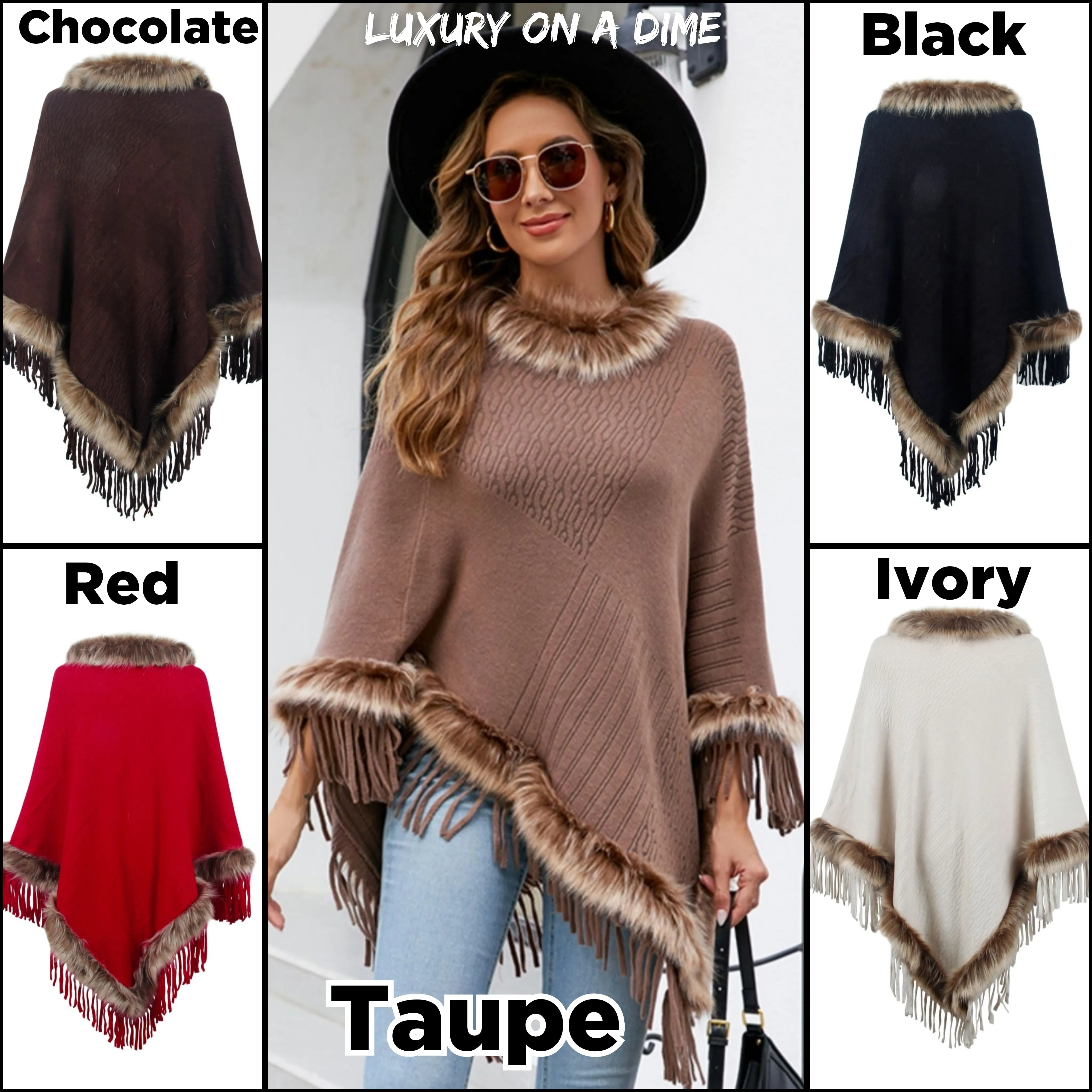 Faux Fur Retro Fringe Hem Textured Knit Pullover Poncho