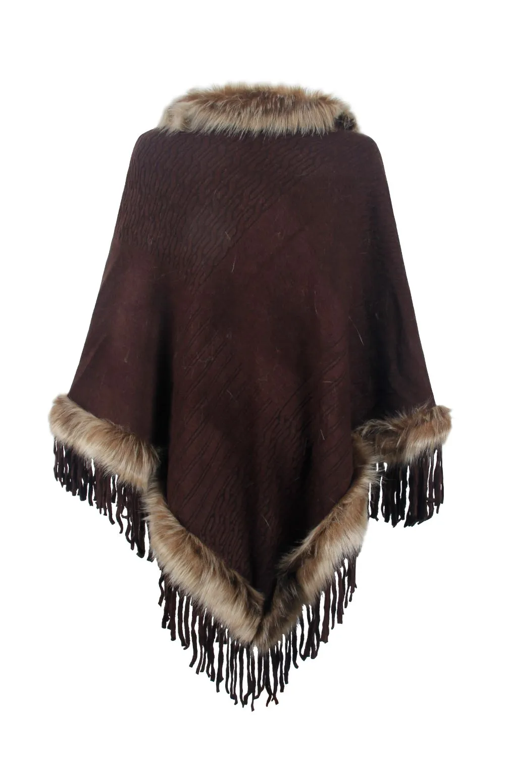 Faux Fur Retro Fringe Hem Textured Knit Pullover Poncho