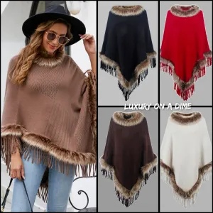 Faux Fur Retro Fringe Hem Textured Knit Pullover Poncho