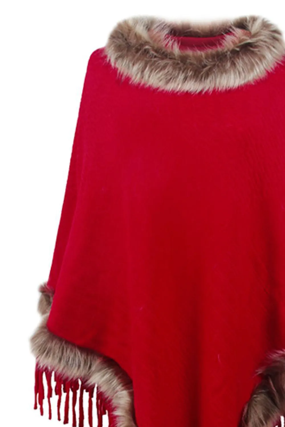 Faux Fur Retro Fringe Hem Textured Knit Pullover Poncho