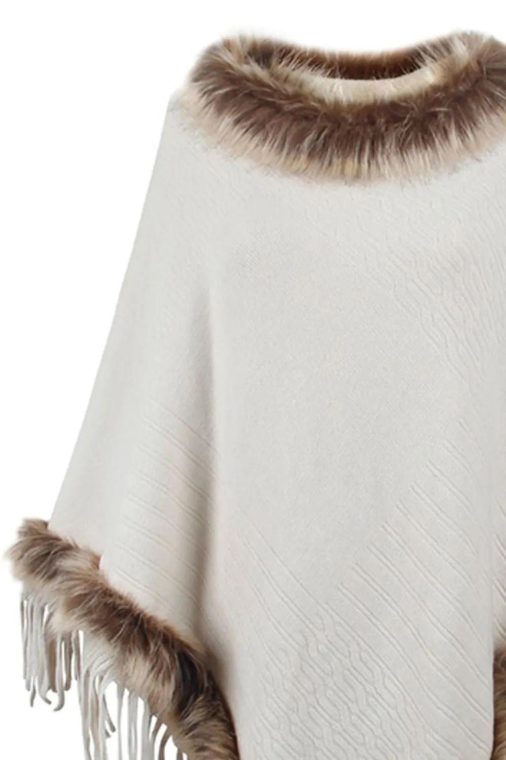 Faux Fur Retro Fringe Hem Textured Knit Pullover Poncho