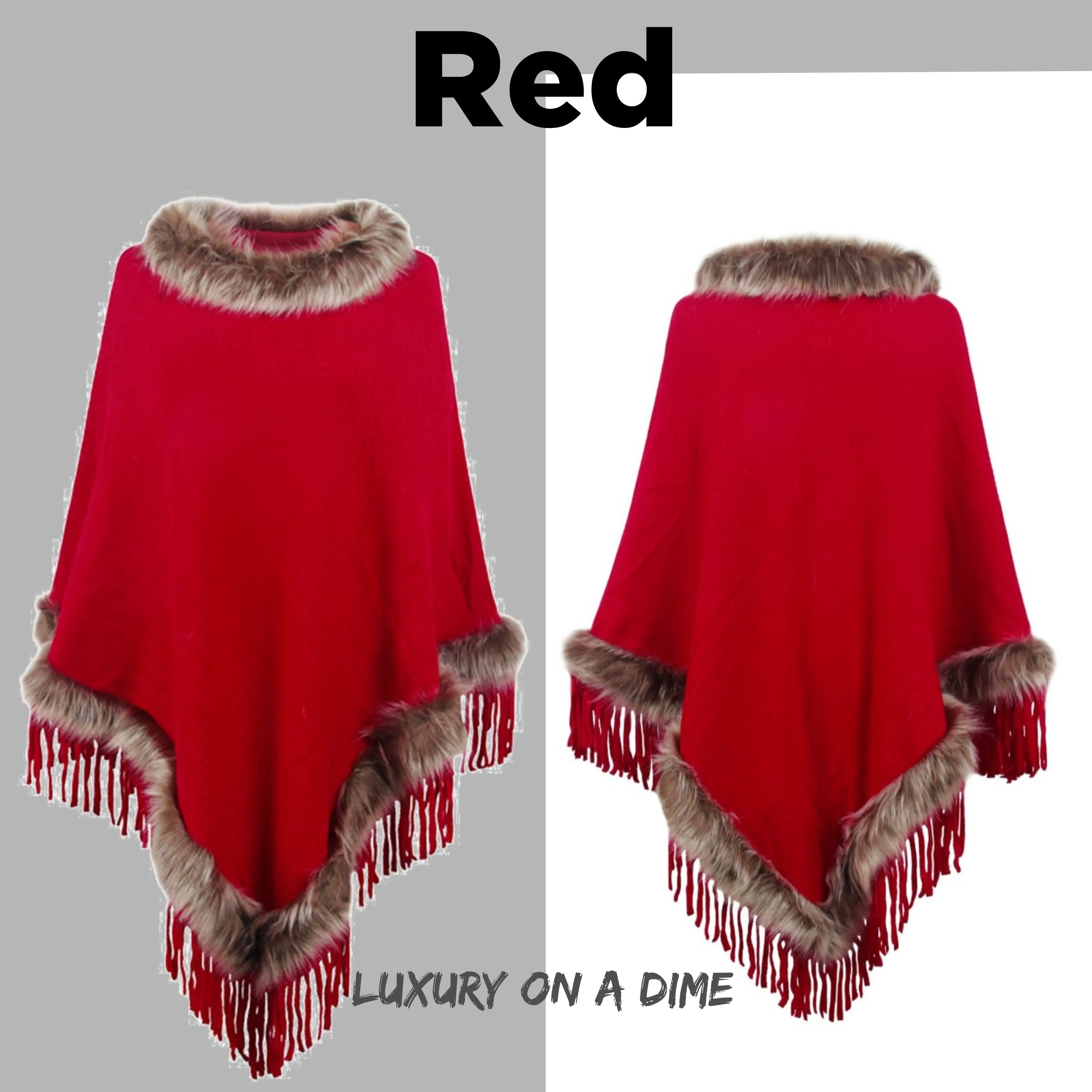 Faux Fur Retro Fringe Hem Textured Knit Pullover Poncho
