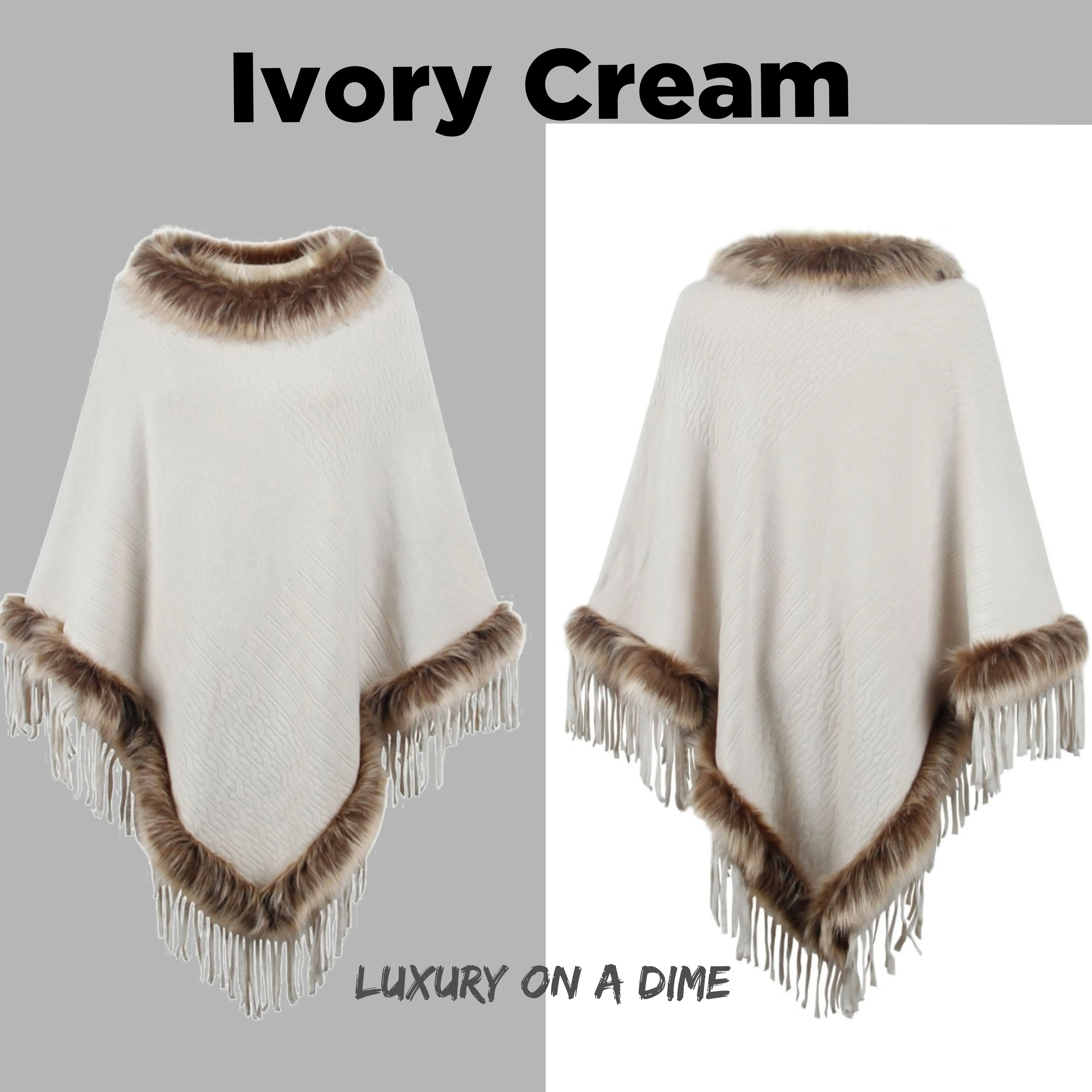 Faux Fur Retro Fringe Hem Textured Knit Pullover Poncho
