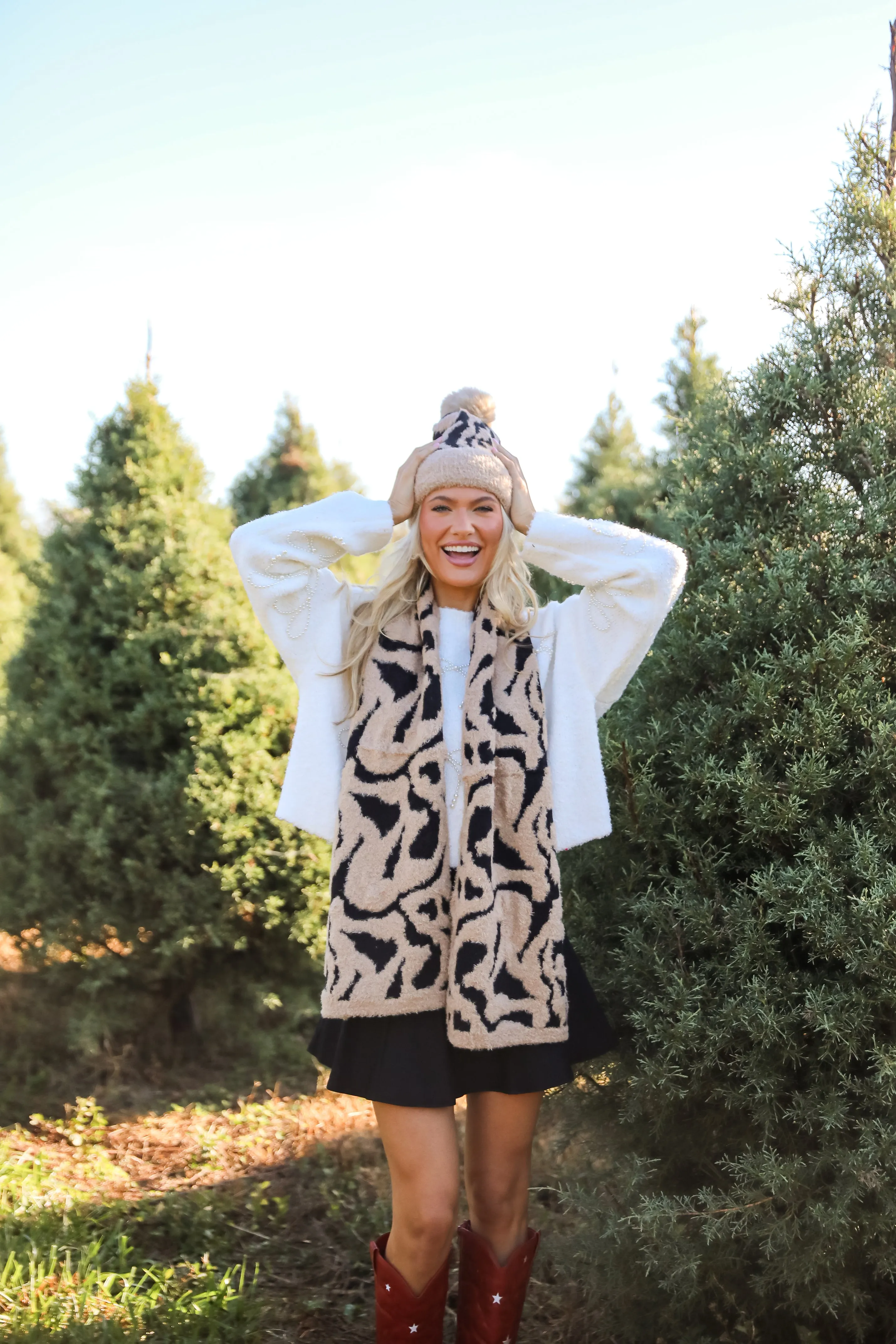 Fierce And Cozy Beige Leopard Pom Pom Beanie