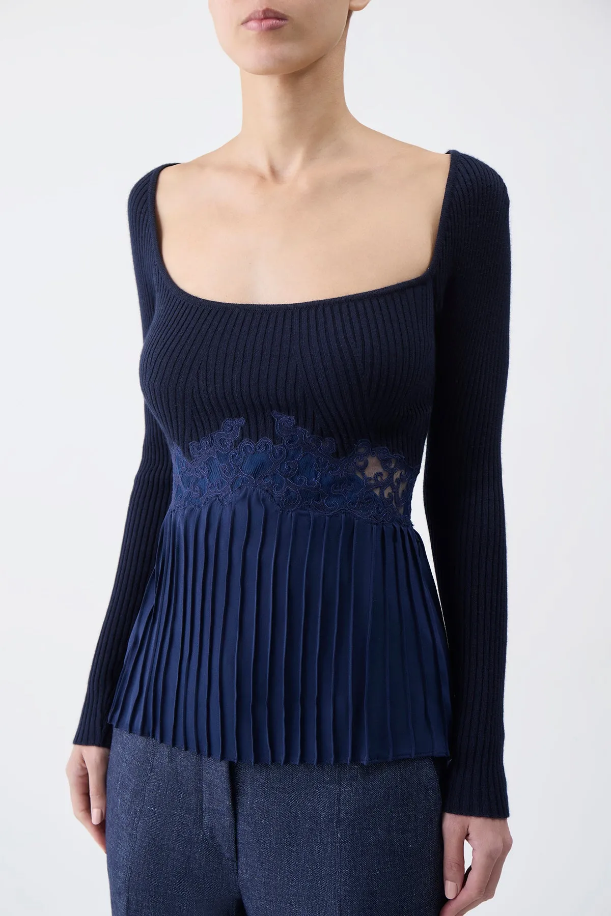 Fini Lace Top in Navy Silk Crepe