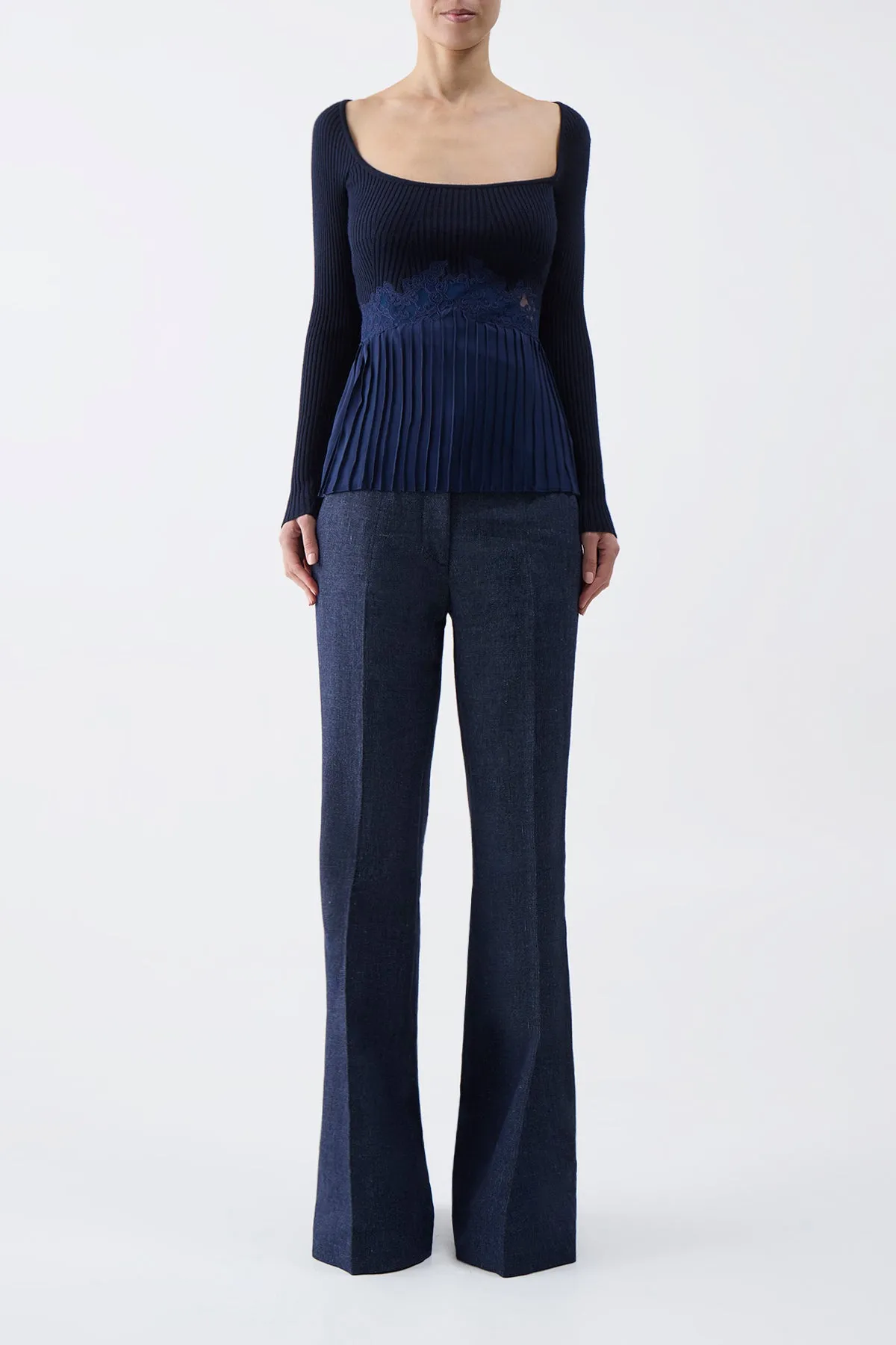 Fini Lace Top in Navy Silk Crepe