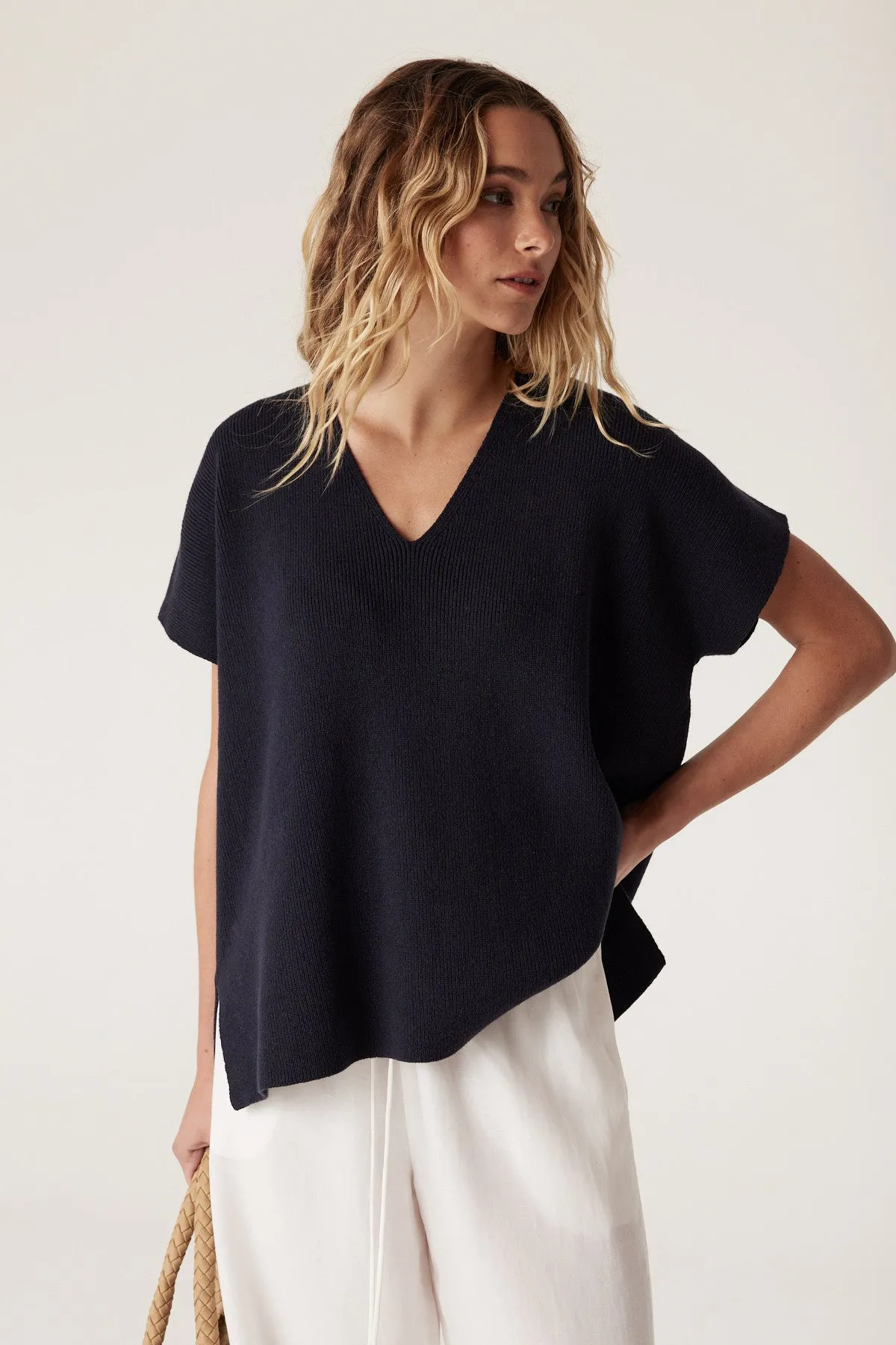 Flax V Neck Top - Navy
