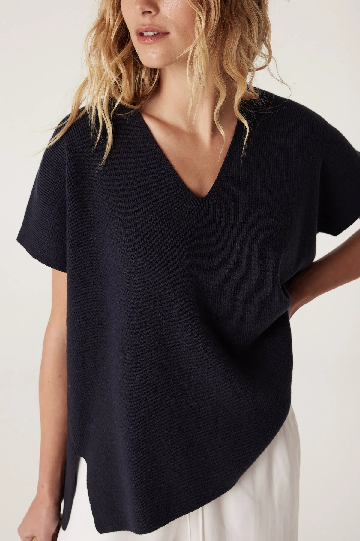 Flax V Neck Top - Navy