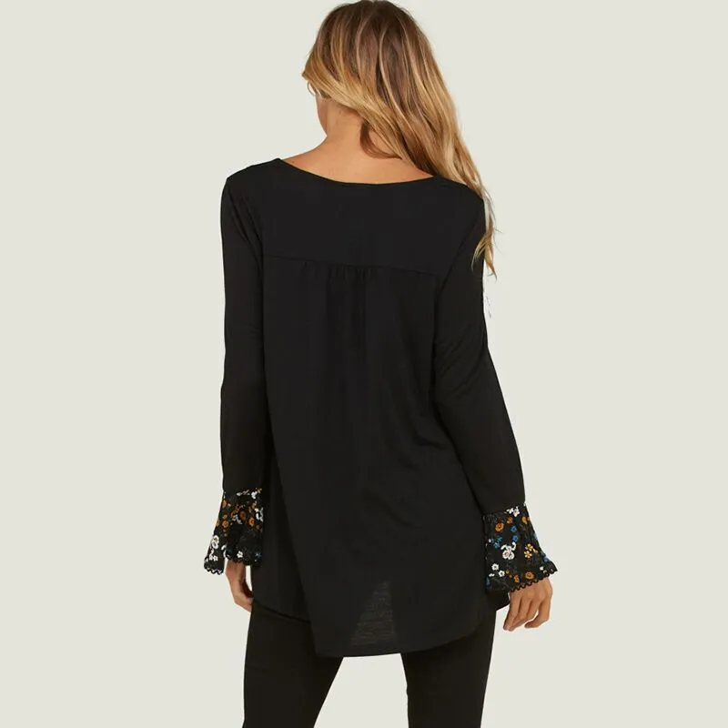 Floral Flute Sleeve Blouse  Black