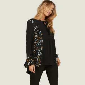 Floral Flute Sleeve Blouse  Black