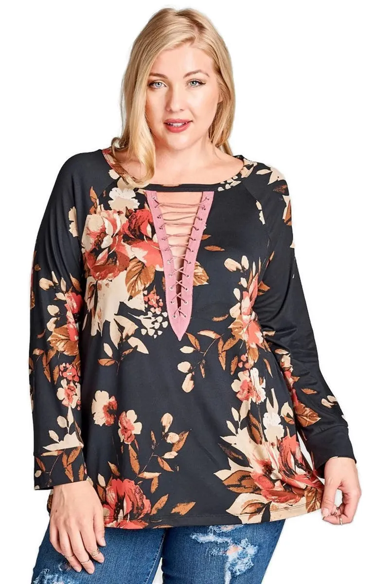 Floral Lace Up Top, Black