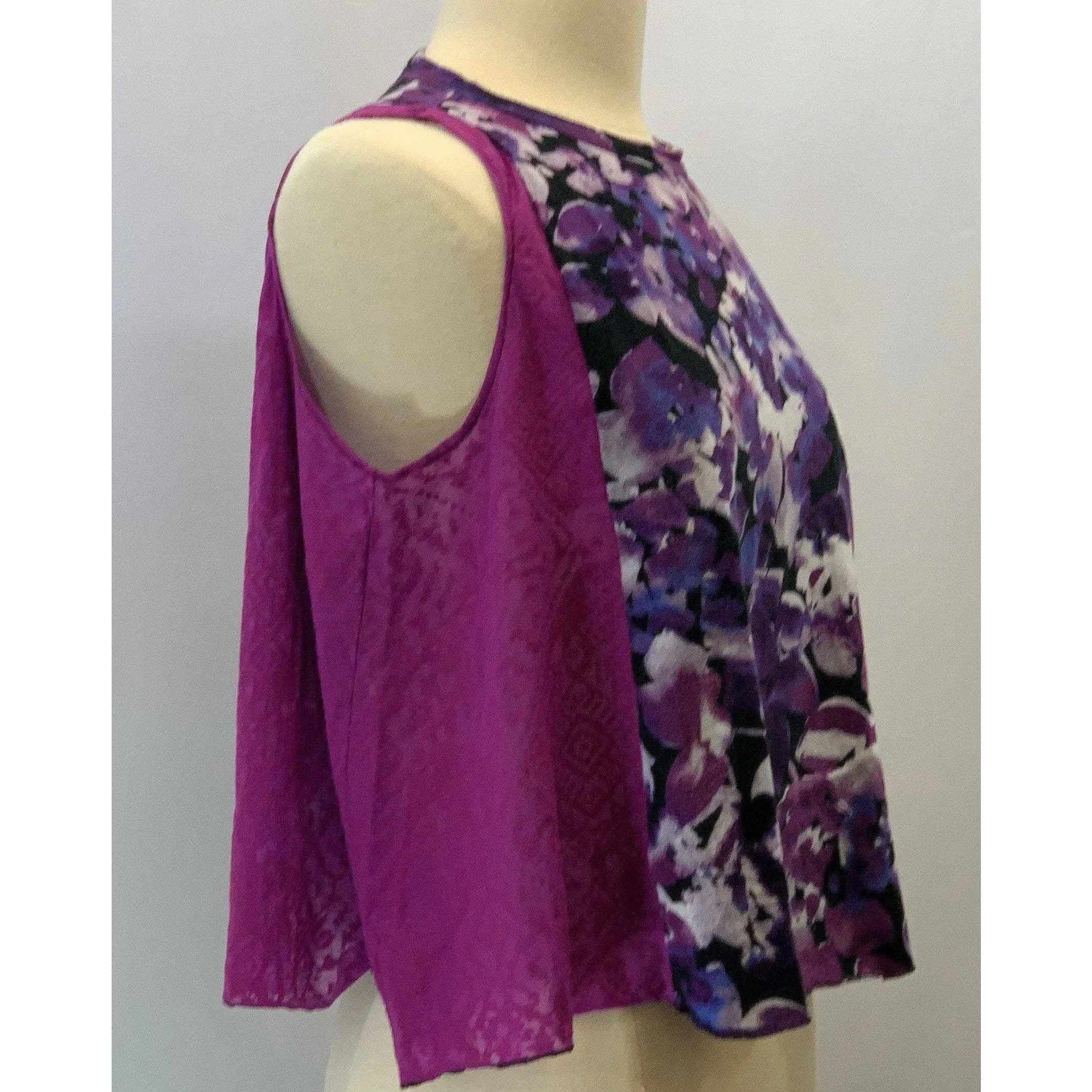 Floral purple sleeveless knit top from repurposed shirt in one size all.