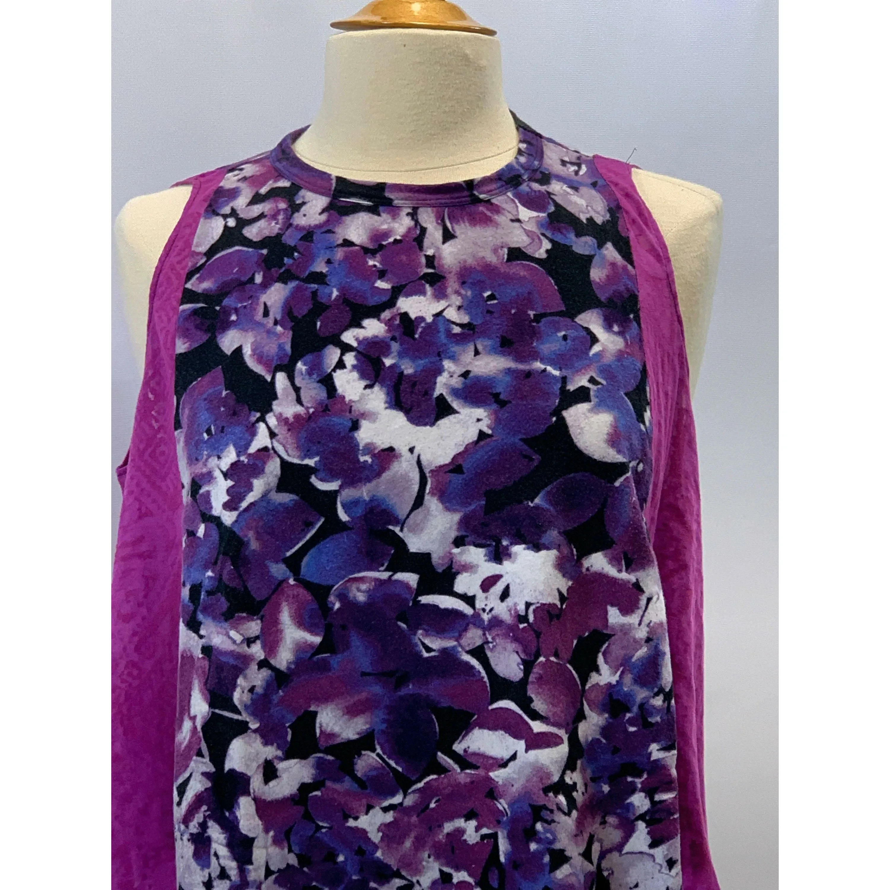 Floral purple sleeveless knit top from repurposed shirt in one size all.